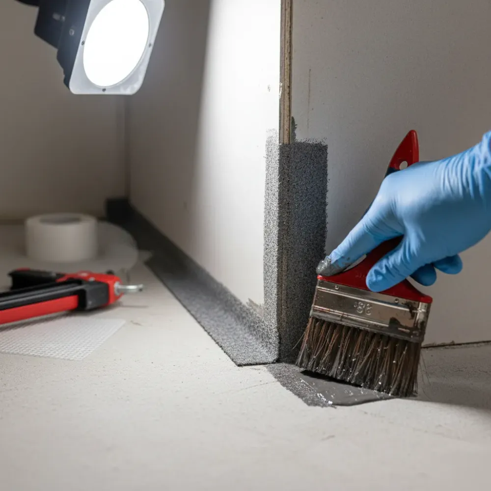 bathroom-waterproofing-membrane-corner-application-auckland A gloved hand applies waterproofing membrane into a floor-to-wall corner junction inside a small bathroom during renovation.