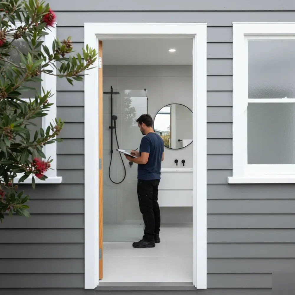 ensuite-renovation-auckland-weatherboard-home-exterior A tradesperson reviews plans inside a renovated ensuite of an Auckland weatherboard home viewed through an open exterior doorway.