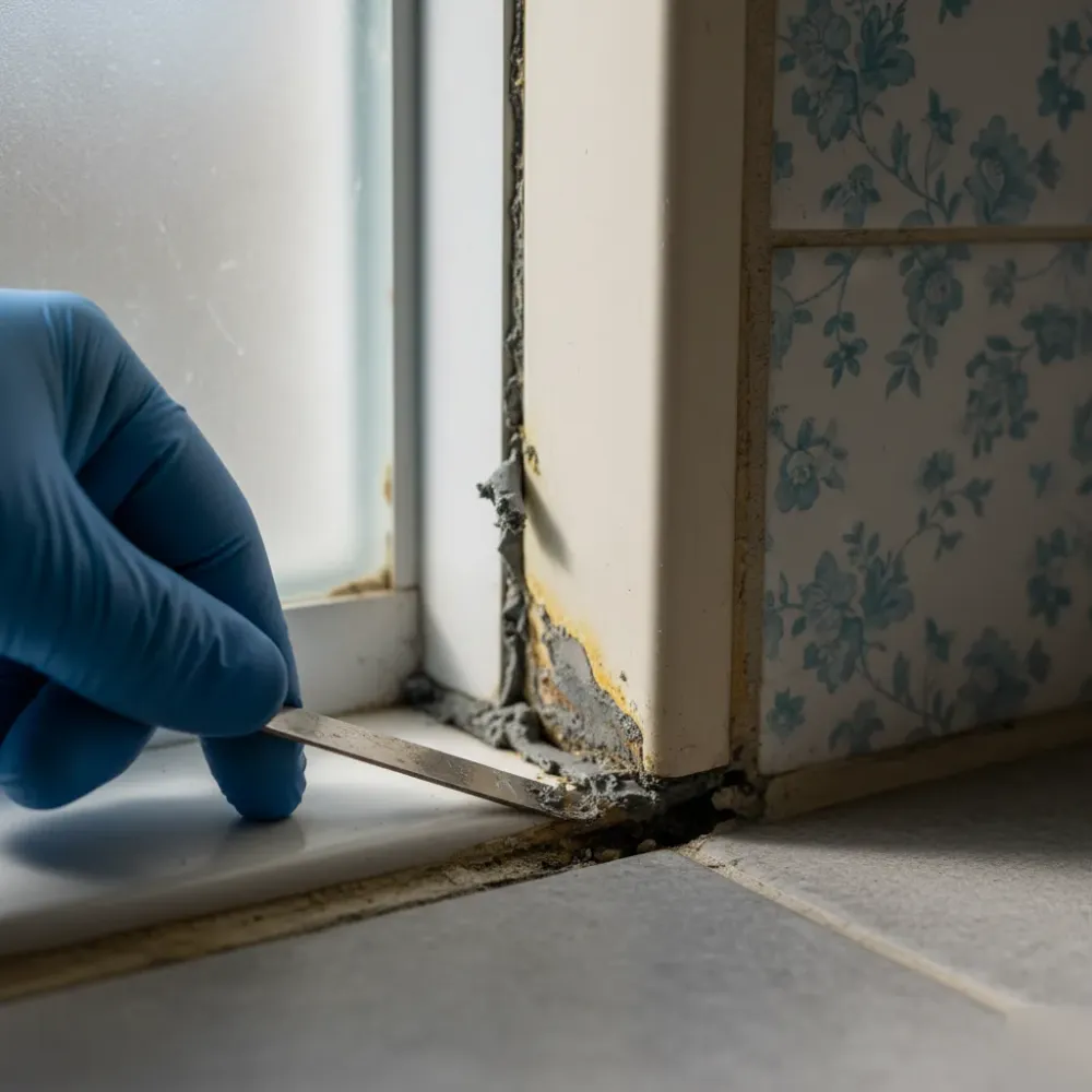 Gloved hand removing blackened mouldy silicone sealant from the edge of a bath panel and tiled floor in an old ensuite.