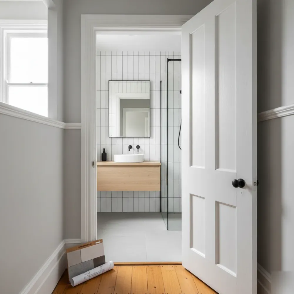 small-bathroom-renovation-auckland-villa-hallway-view View through an open hallway door into a renovated small bathroom inside an Auckland weatherboard villa with new white tiles.