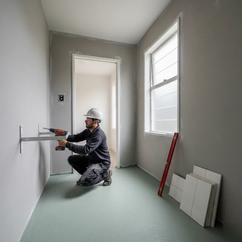 A tradesperson drills a vanity bracket into cement-sheet substrate inside a partially renovated Auckland bathroom.