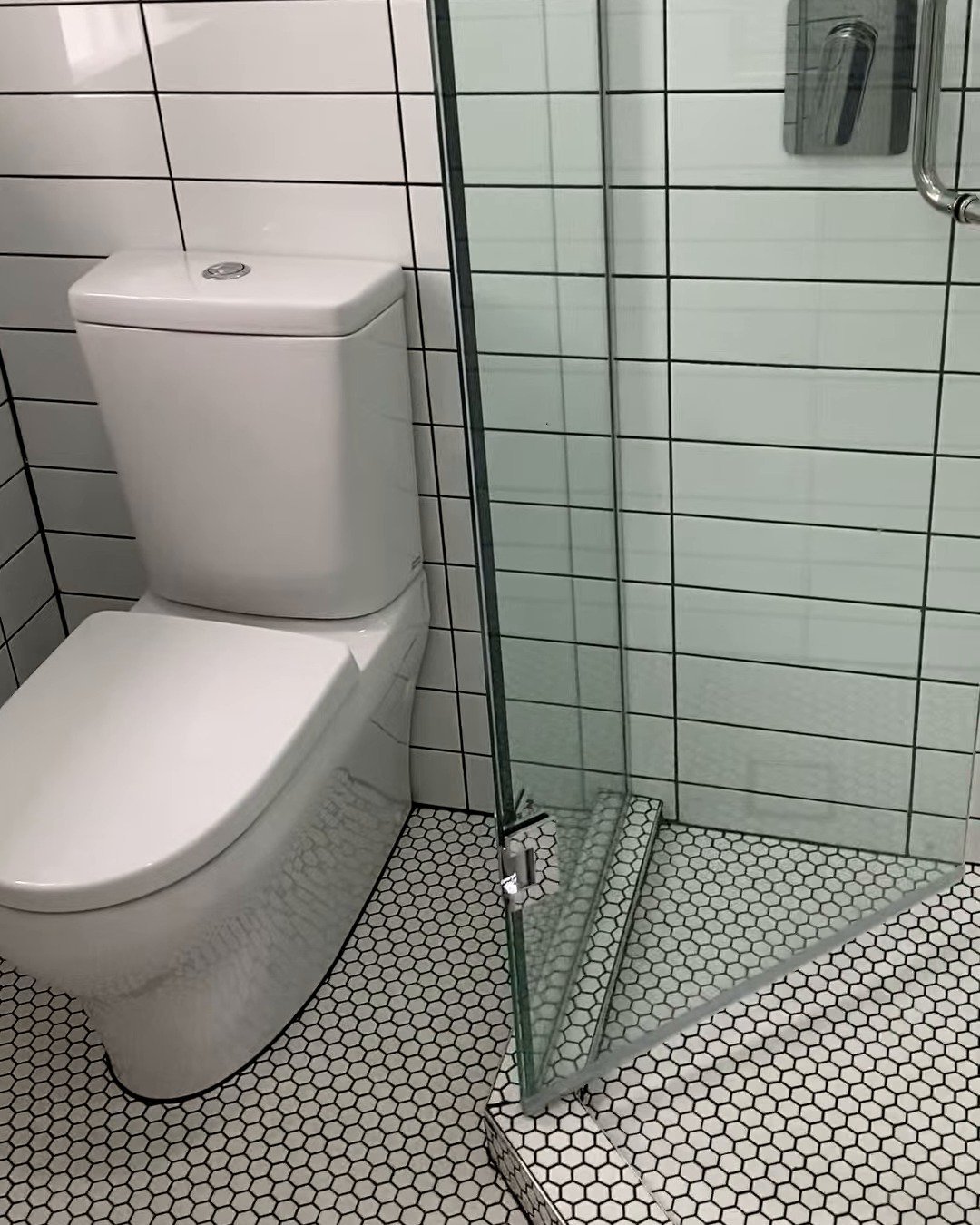 Close-coupled white toilet beside frameless shower glass on a hexagon mosaic floor, Ranui bathroom