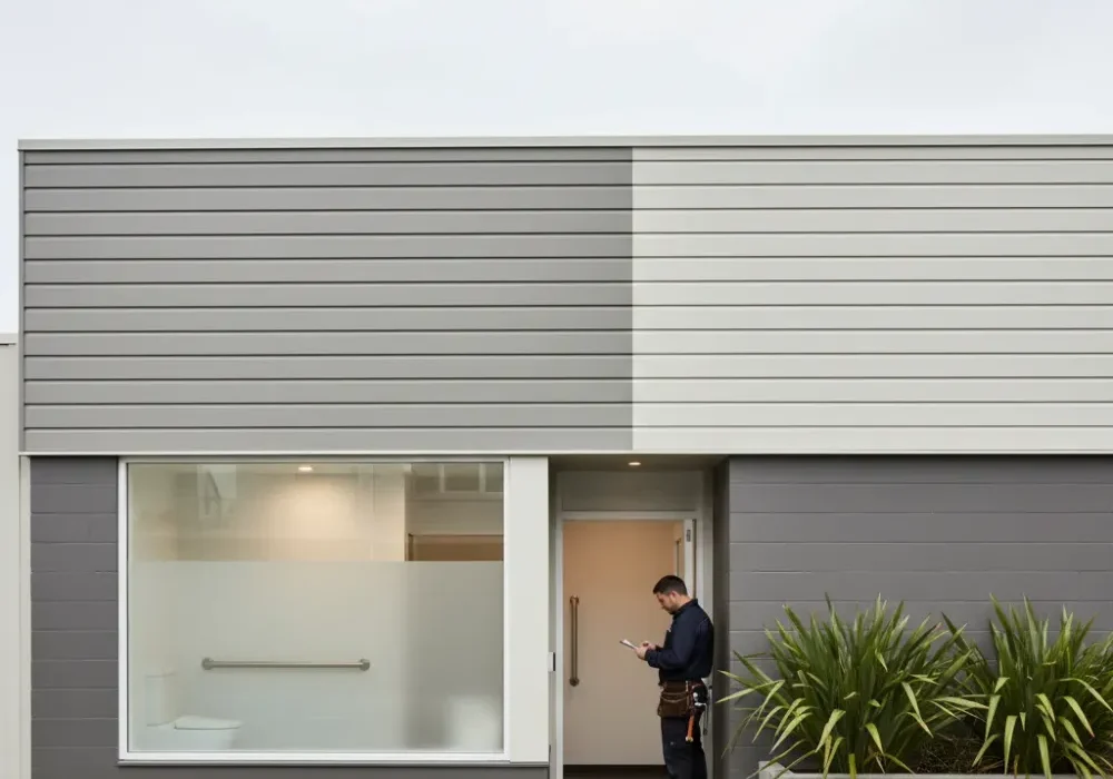 accessible-commercial-bathroom-renovation-auckland-building A tradesperson outside an Auckland commercial building where an accessible bathroom renovation has been completed inside.