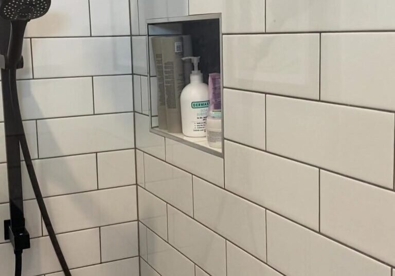 albany-bathroom-niche Black rail shower and a recessed shower niche in white subway tiles, Albany bathroom