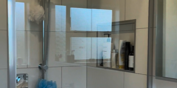 Glass shower with rail shower and recessed niche in a Botany bathroom renovation