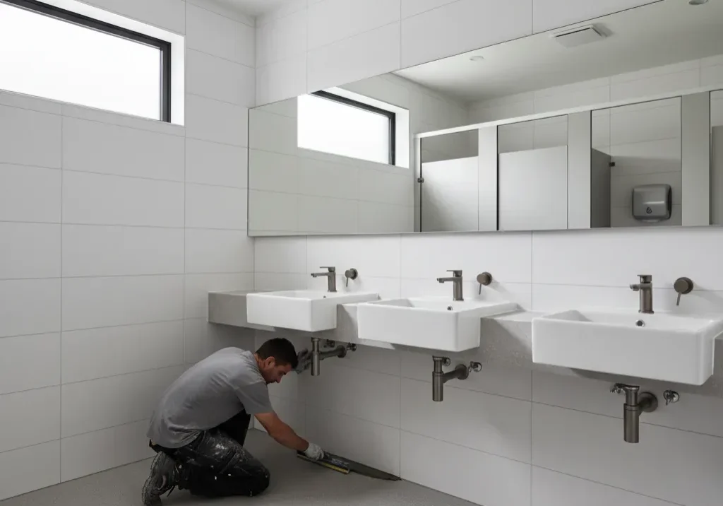 commercial-bathroom-renovation-grouting-tiles-auckland A tradesperson applying grout in a newly tiled commercial bathroom during a renovation in Auckland.