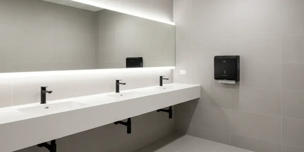 completed-commercial-bathroom-renovation-result-auckland A fully renovated commercial bathroom with wall-hung basins, matte black tapware, and grey porcelain tiles in Auckland.