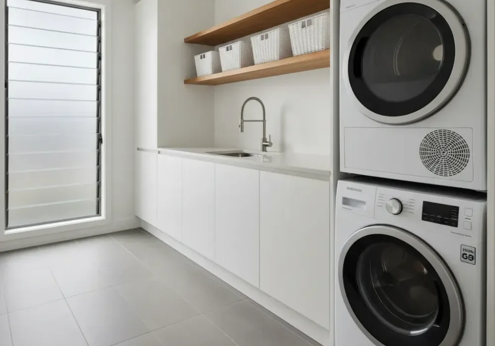 completed-laundry-renovation-result-auckland-nz Completed laundry room renovation in Auckland showing white cabinetry, undermount sink, and stacked appliances in a tiled space.