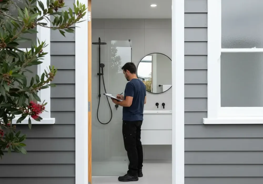 A tradesperson reviews plans inside a renovated ensuite of an Auckland weatherboard home viewed through an open exterior doorway.