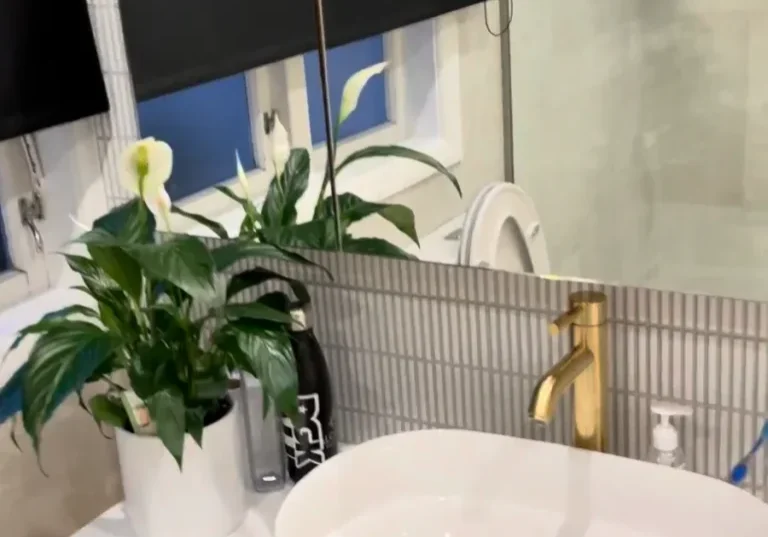 Glendowie Vanity Vessel Basin Brass Tap Timber wall-hung vanity with a white vessel basin and brushed brass tap in a Glendowie bathroom