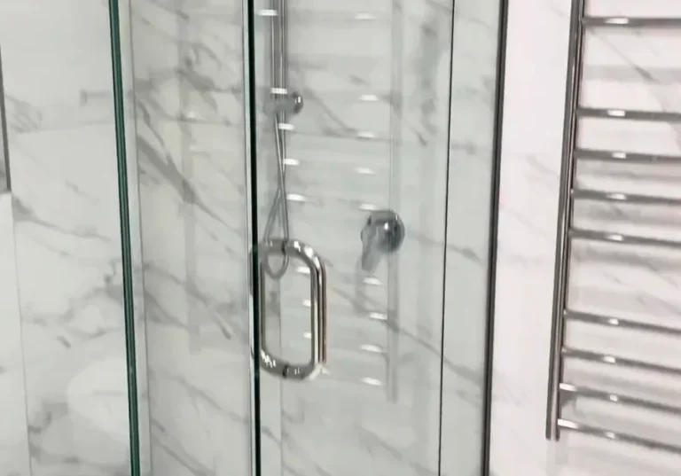 Glass corner shower and heated towel ladder, Kohimarama Stainless heated towel ladder beside a glass corner shower in a Kohimarama bathroom