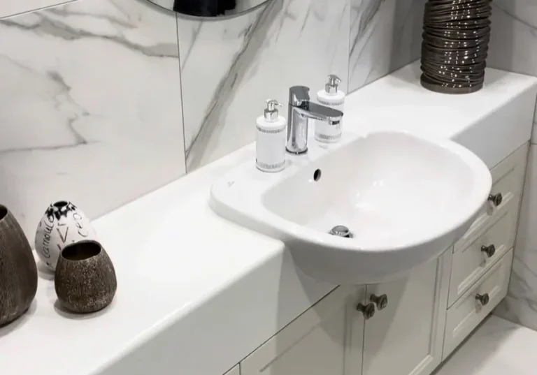 Original shaker vanity with semi-recessed basin, Kohimarama Original white shaker-style vanity with a semi-recessed basin kept in a Kohimarama renovation