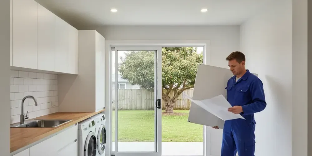 laundry-renovation-auckland-weatherboard-home-install A tradesperson carries cabinet panels into a laundry room of an Auckland weatherboard home with a pohutukawa tree visible outside.