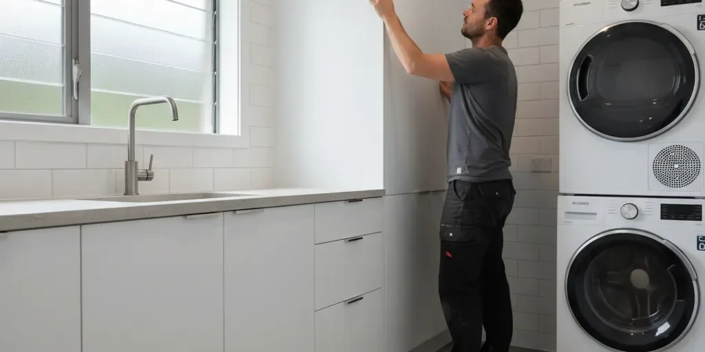 laundry-renovation-cabinet-install-auckland-nz A tradesperson aligns a white cabinet door in a newly renovated Auckland laundry room with subway tiles and stone benchtop.