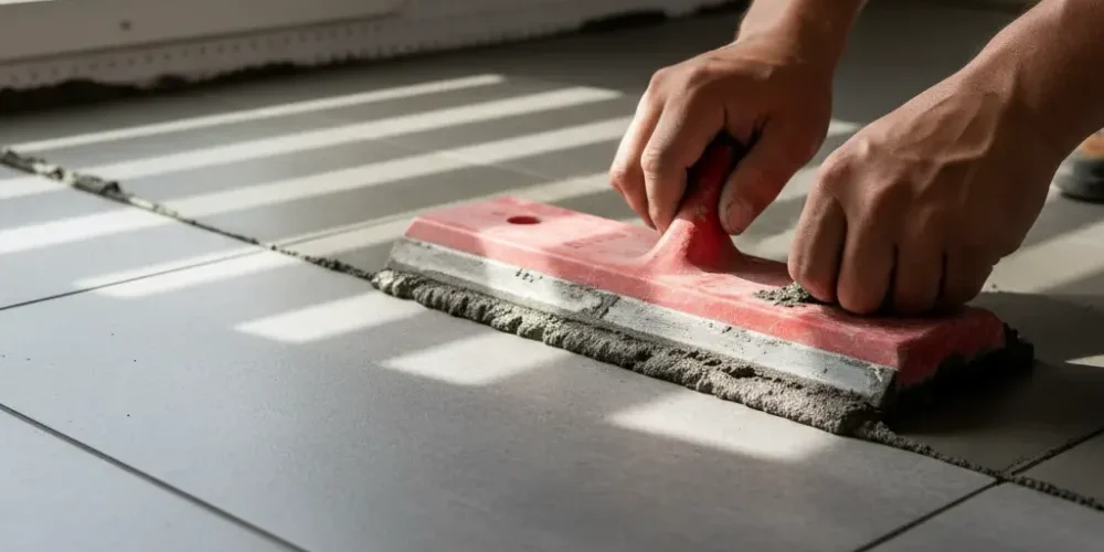 laundry-renovation-tile-grouting-detail-auckland Hands pressing a grout float across grey ceramic laundry room floor tiles during an Auckland laundry renovation.