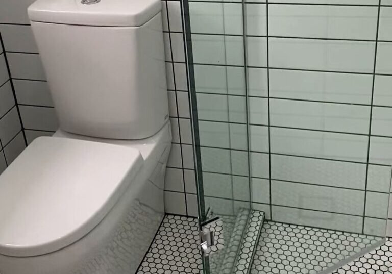 Ranui bathroom renovation toilet and shower Close-coupled white toilet beside frameless shower glass on a hexagon mosaic floor, Ranui bathroom