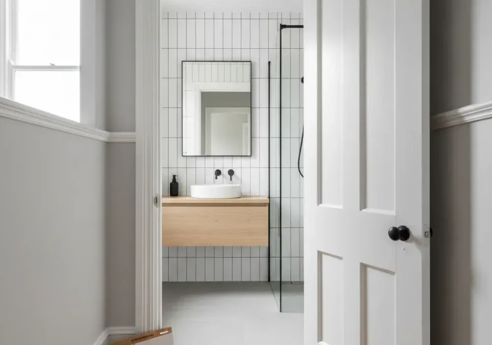 View through an open hallway door into a renovated small bathroom inside an Auckland weatherboard villa with new white tiles.