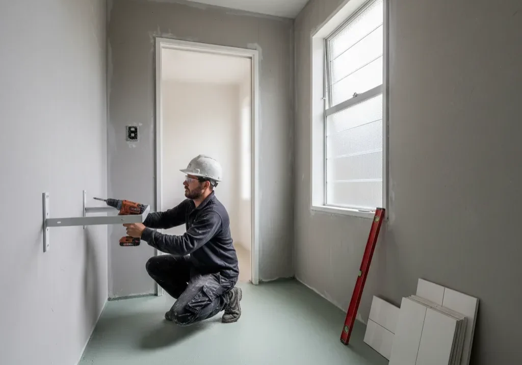 A tradesperson drills a vanity bracket into cement-sheet substrate inside a partially renovated Auckland bathroom.