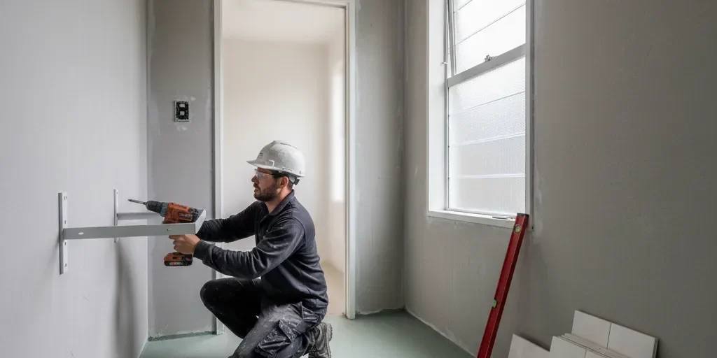 small-bathroom-renovation-vanity-install-auckland A tradesperson drills a vanity bracket into cement-sheet substrate inside a partially renovated Auckland bathroom.