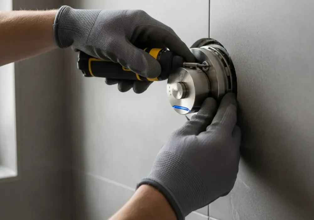 smart-thermostatic-shower-valve-installation-detail-auckland Hands fitting a brushed nickel thermostatic smart shower valve into a grey stone-look tiled wall recess.