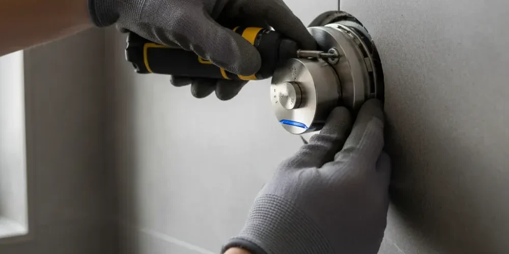 smart-thermostatic-shower-valve-installation-detail-auckland Hands fitting a brushed nickel thermostatic smart shower valve into a grey stone-look tiled wall recess.