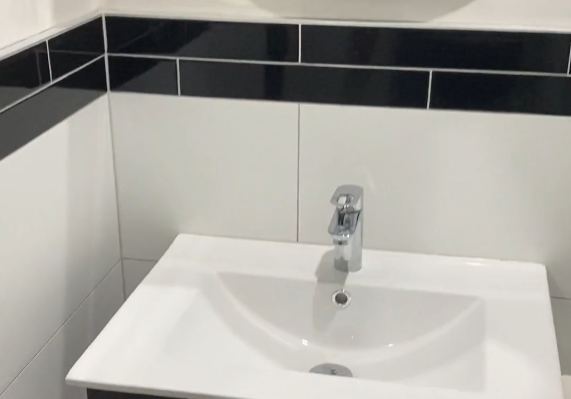 Dark vanity with a white basin and round mirror in a Ponsonby bathroom renovation
